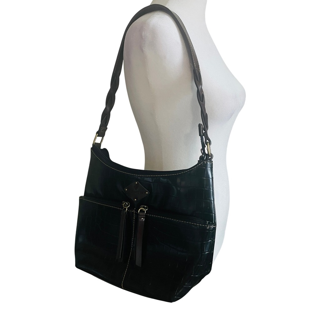 St John's Bay Y2K Faux Croc Embossed Shoulder Hobo Bag Medium Black Classic